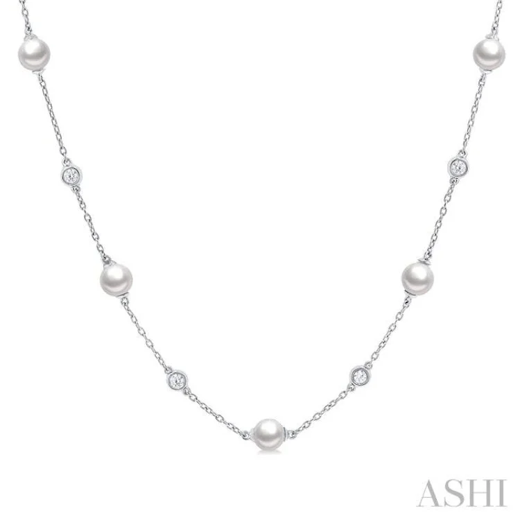 1/4 ctw White 5MM Cultured Pearls and Round Cut Diamond Station Necklace in 14K White Gold