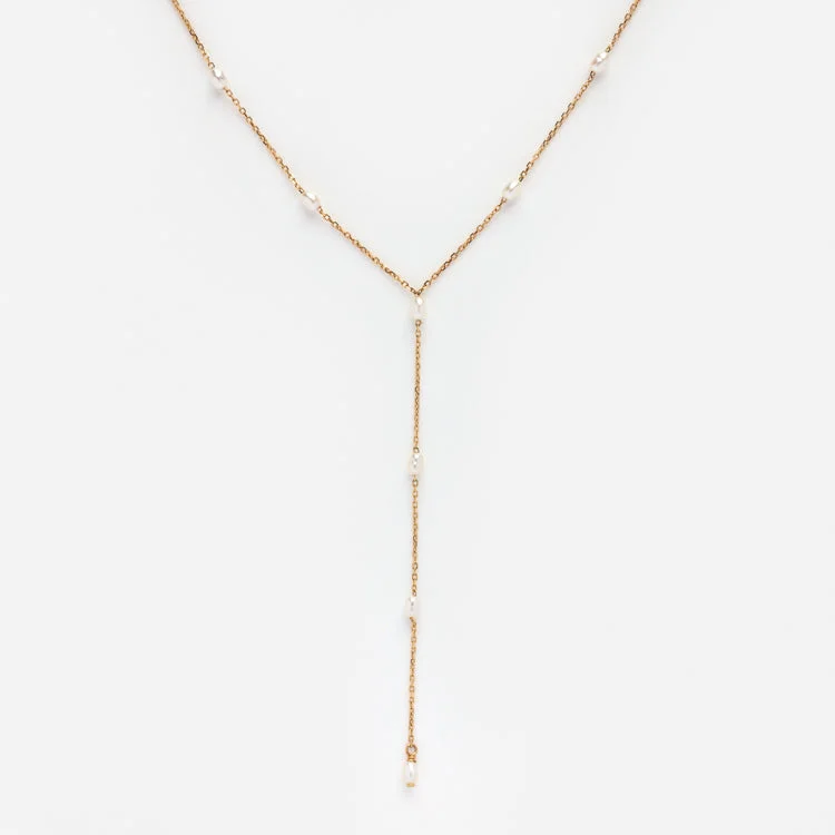 Solid Gold Pearl Lariat Necklace