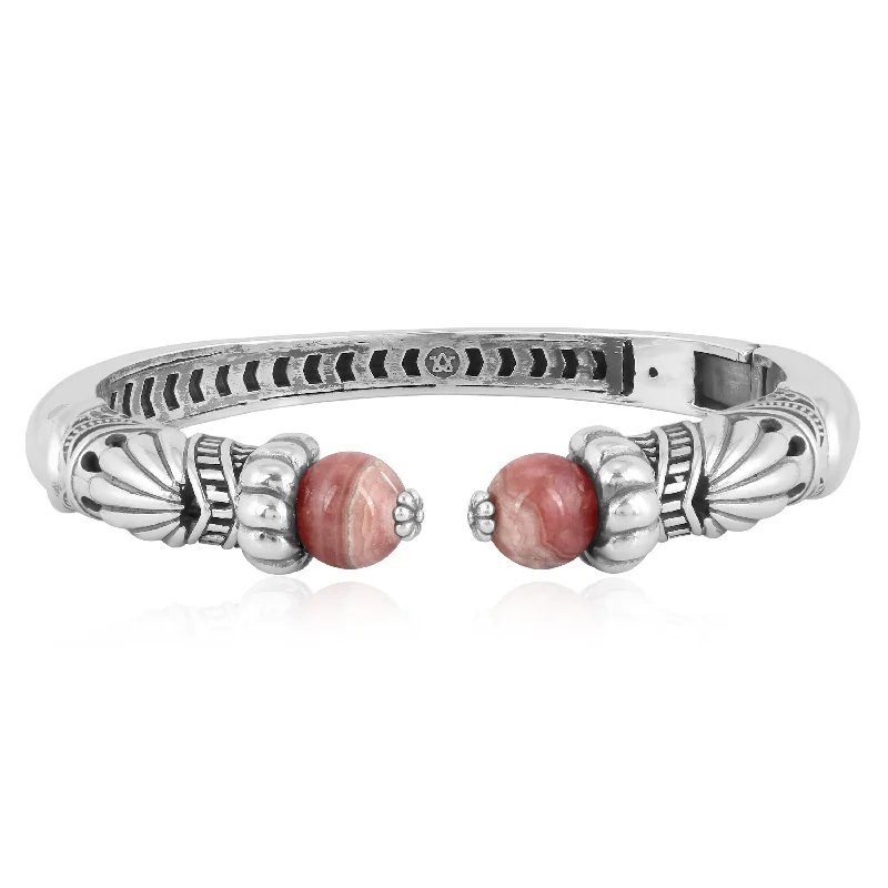 Sterling Silver Rhodochrosite Gemstone Hinged Cuff Bracelet, Size Medium