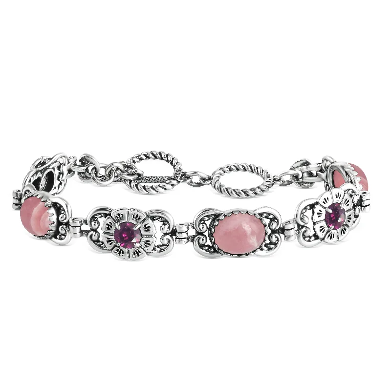 Sterling Silver Rhodochrosite and Red Garnet Concha Link Bracelet, Sizes Small to Large