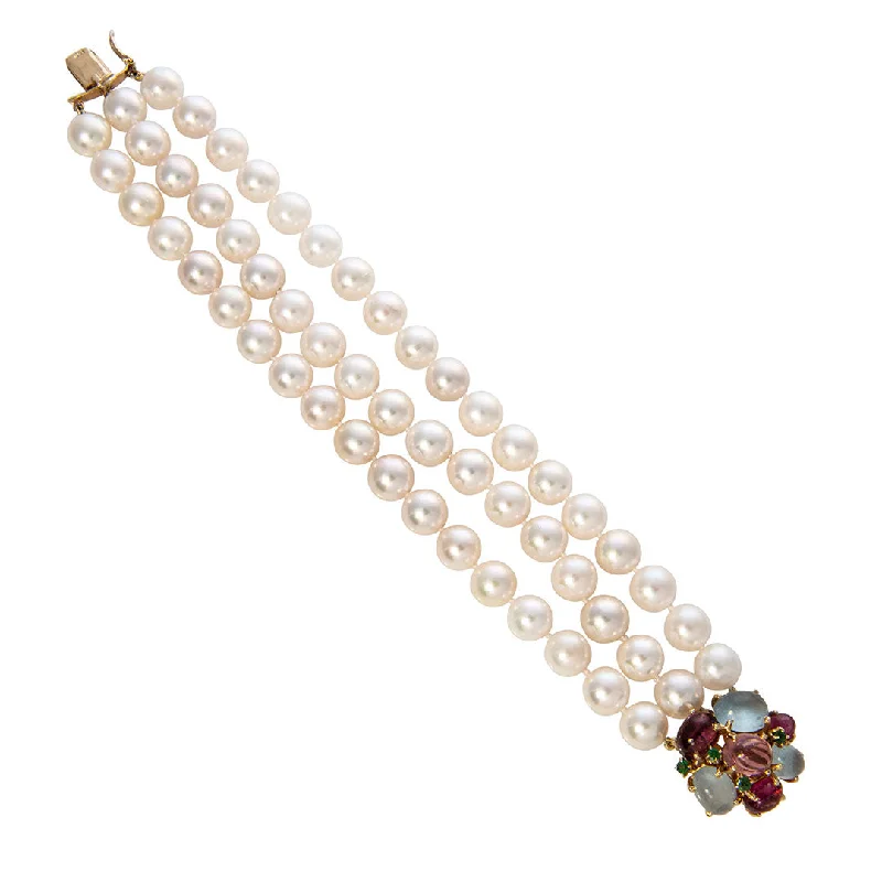 Triple-Strand Akoya Pearl & Multi Stone Clasp 14K Gold Bracelet