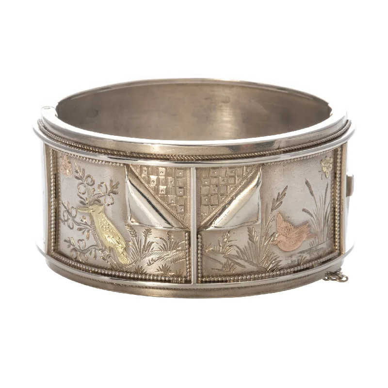 Victorian Gold Overlay Two Birds Silver Wide Cuff Bangle